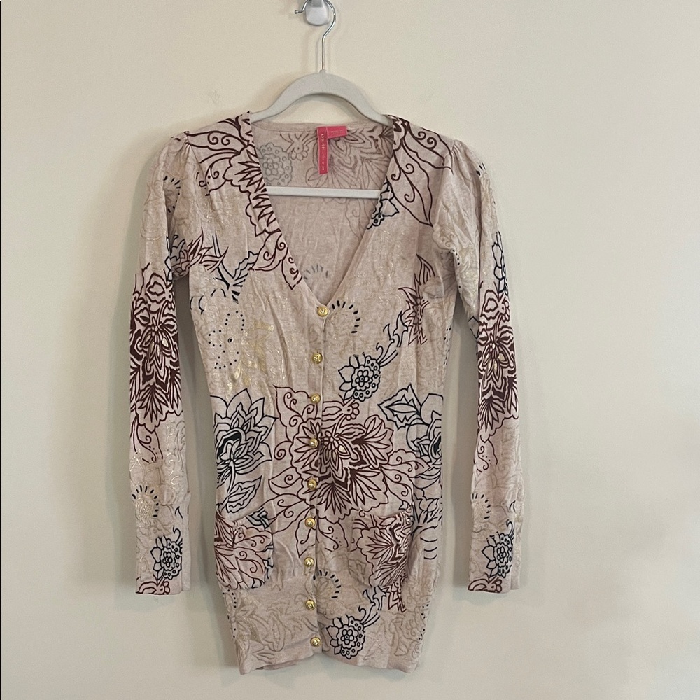 Charlotte Tarantola Floral Metallic Cardigan Sweater V Neck‎ 2010s Neutral Boho